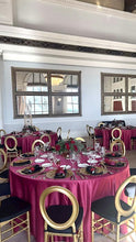 Load image into Gallery viewer, burgundy tablecloths with gold chairs
