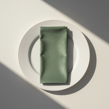 Load image into Gallery viewer, Sage green velvet napkin arranged on a plain white plate
